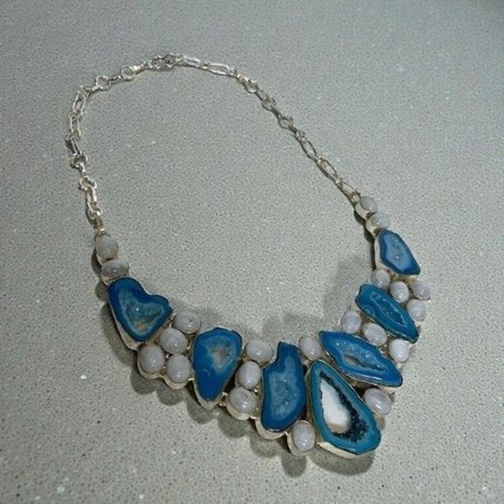 NWOT Solar Blue‎ Agate Apatite Handmade Big Necklace Jewelry Holiday